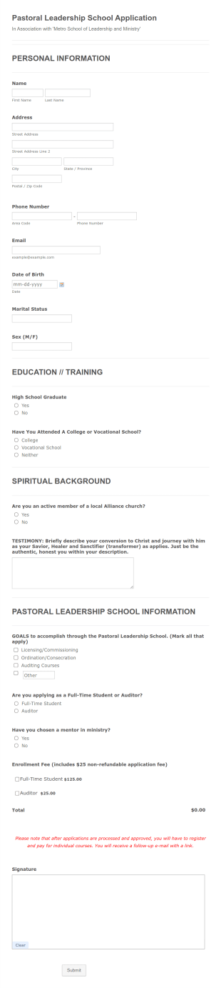 Pastoral Leadership School Application Form Template