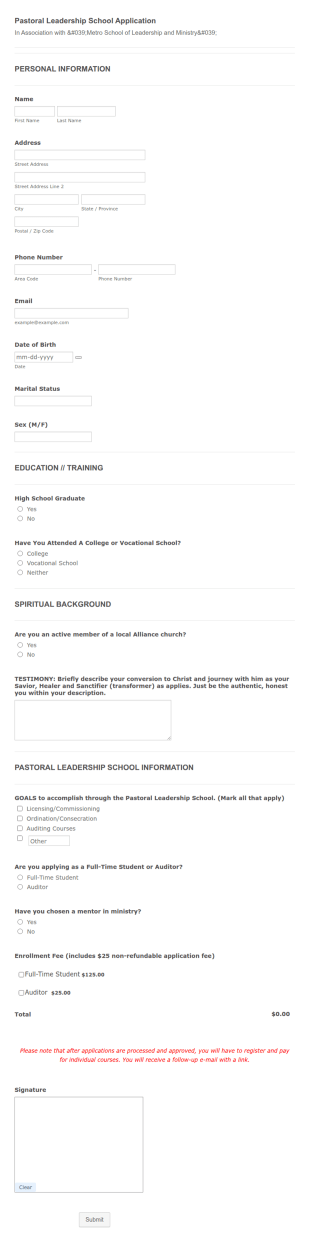 Pastoral Leadership School Application Form Template