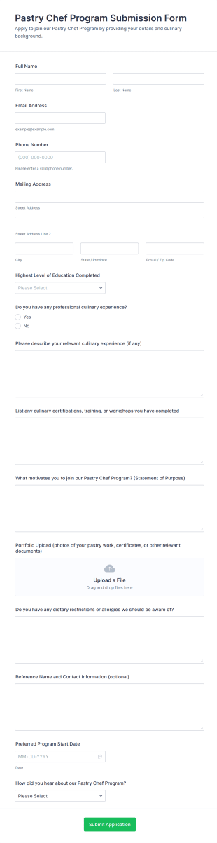 Pastry Chef Program Submission Form Template