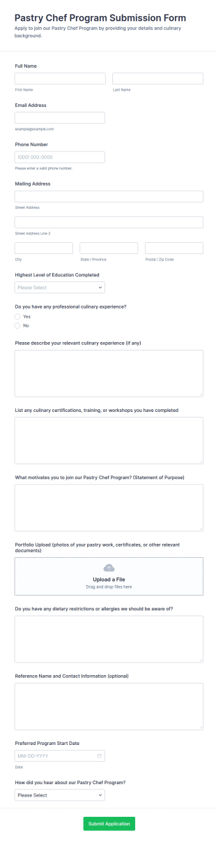 Pastry Chef Program Submission Form Template