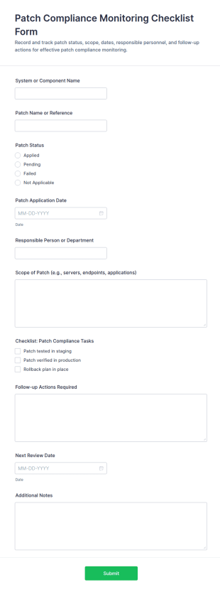 Patch Compliance Monitoring Checklist Form Template