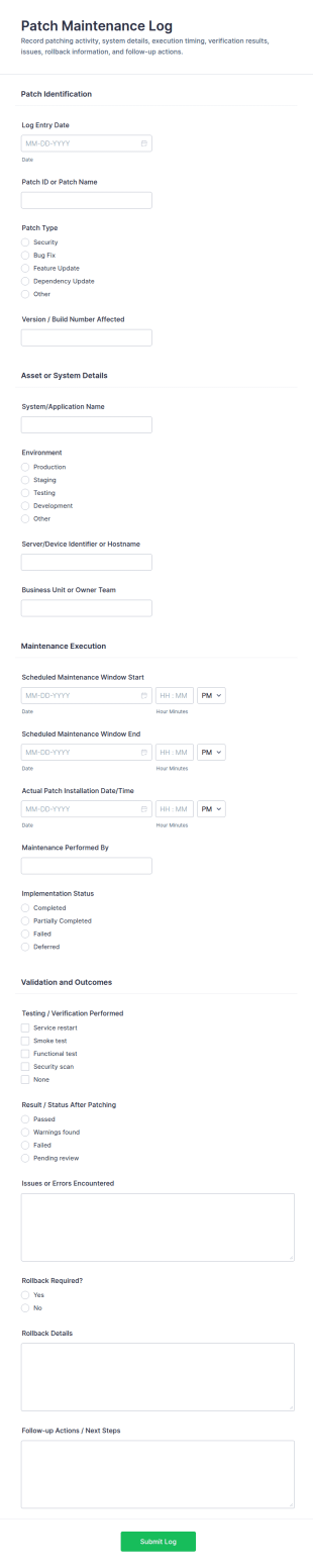 Patch Maintenance Log Form Template