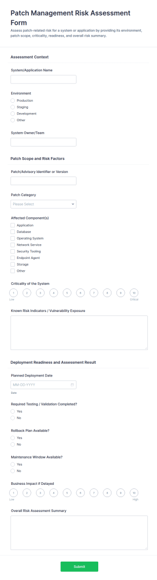 Patch Management Risk Assessment Form Template