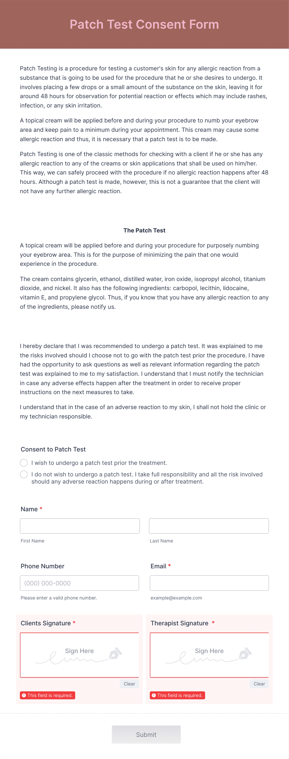 Patch Test Consent Form Template | Jotform