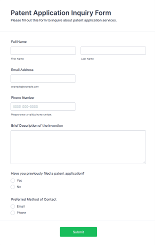 Patent Application Inquiry Form Form Template