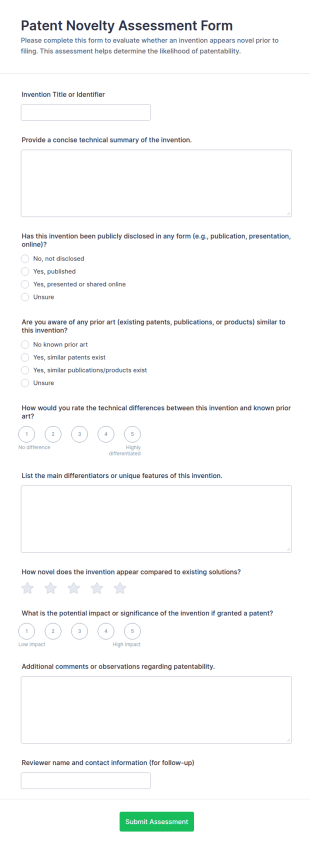 Patent Novelty Assessment Form Template