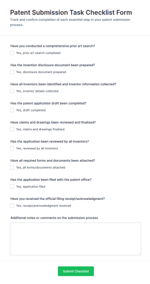 Patent Submission Task Checklist Form Template