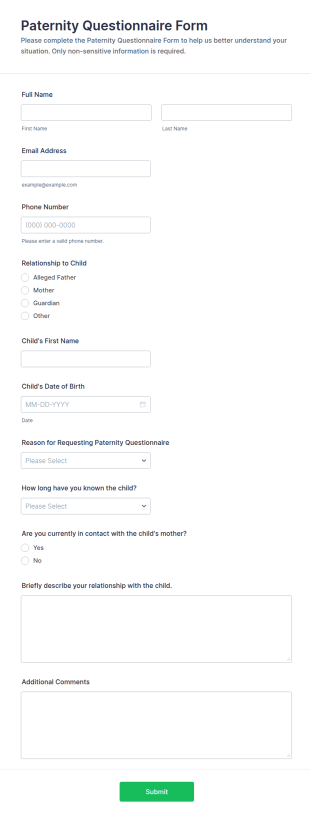 Paternity Questionnaire Form Template
