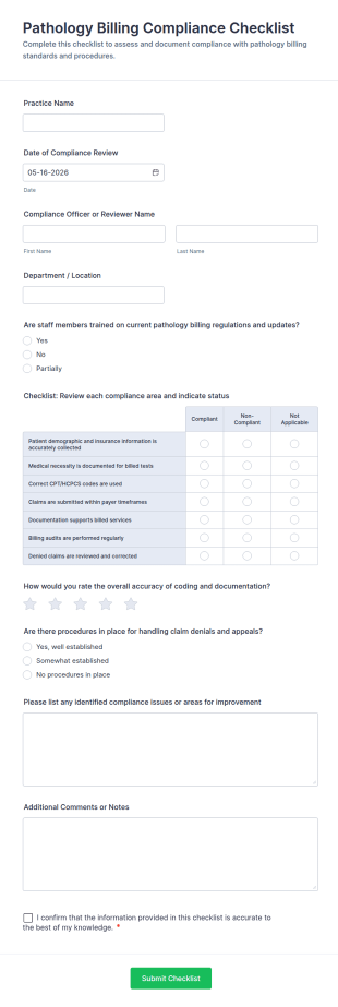 Pathology Billing Compliance Checklist Form Template