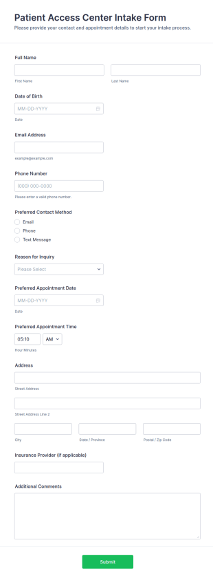Patient Access Center Intake Form Template
