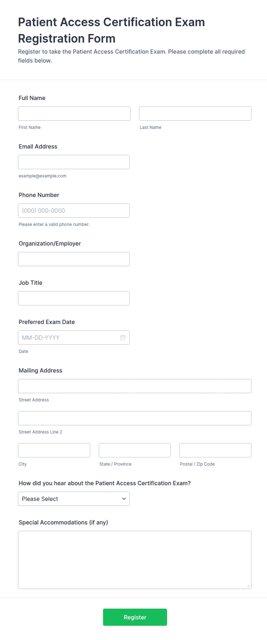 Patient Access Certification Exam Registration Form Template | Jotform