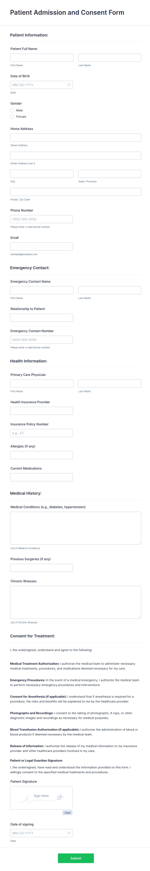 Patient Admission And Consent Form Template