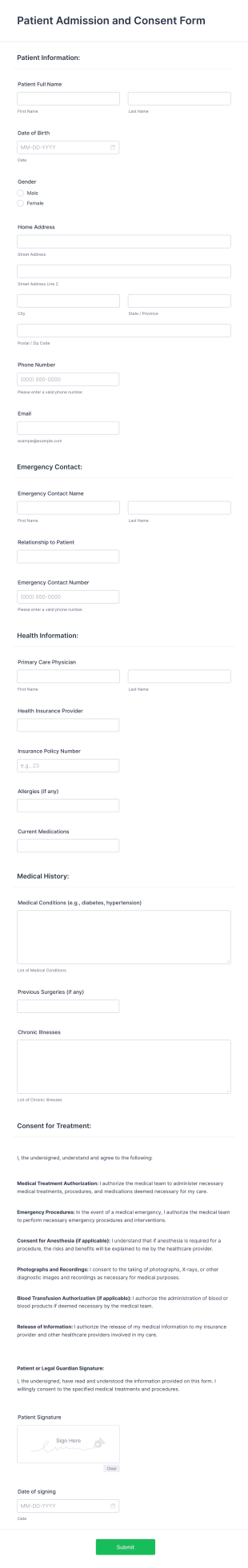Patient Admission And Consent Form Template