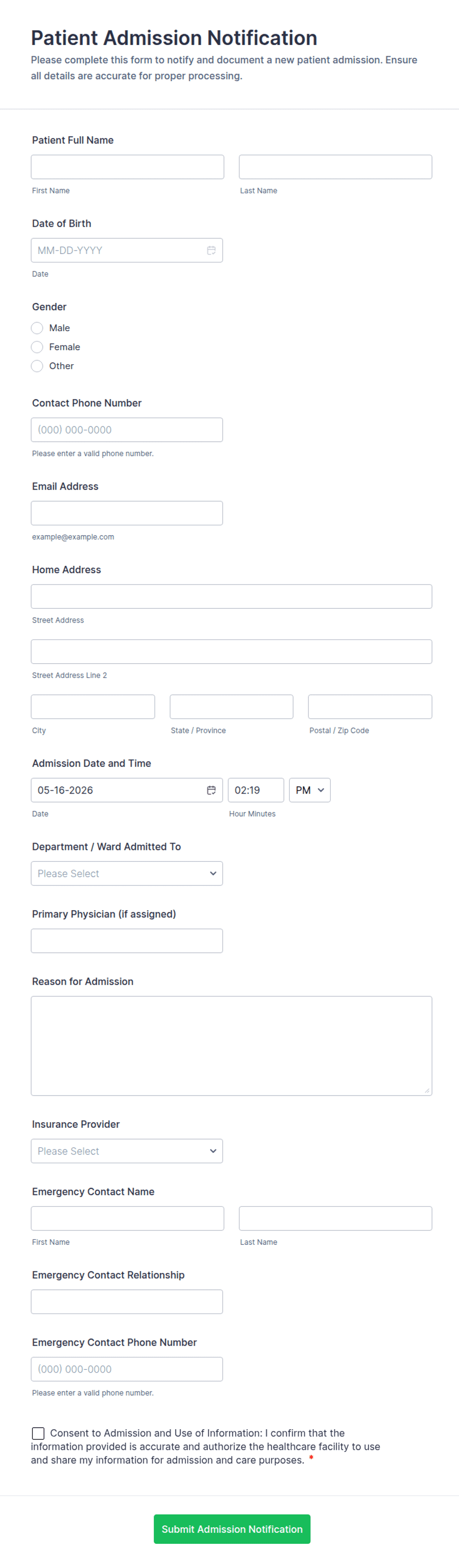 Patient Admission Notification Form Template | Jotform