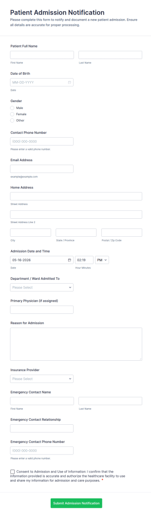 Patient Admission Notification Form Template
