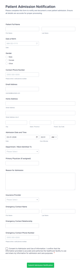 Patient Admission Notification Form Template