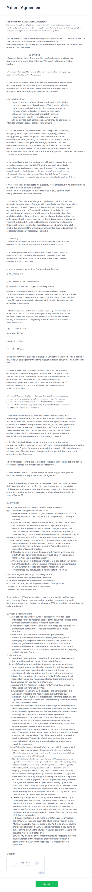 Patient Agreement Form Template