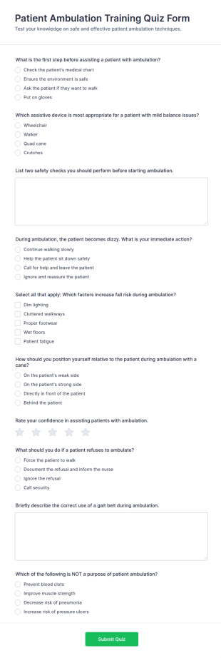 Patient Ambulation Training Quiz Form Template