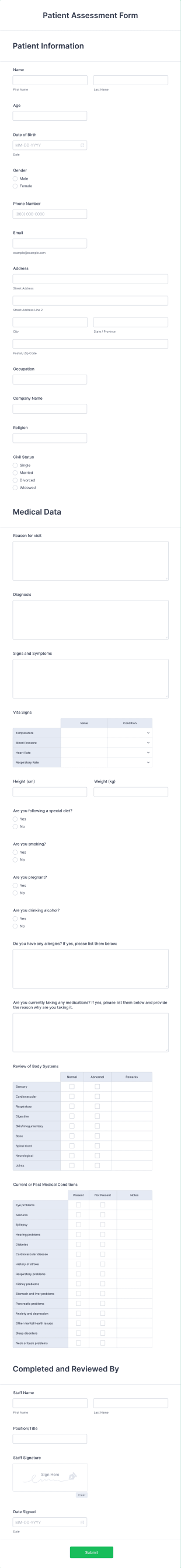 Patient Assessment Form Template