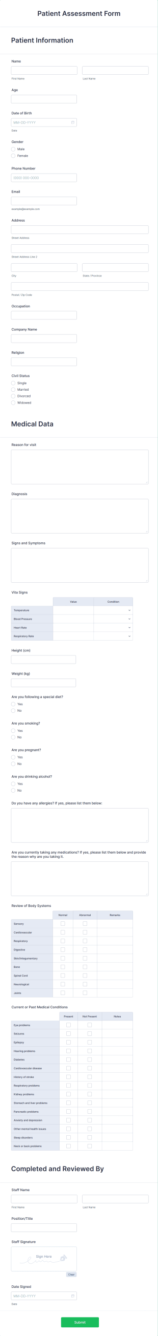 Patient Assessment Form Template
