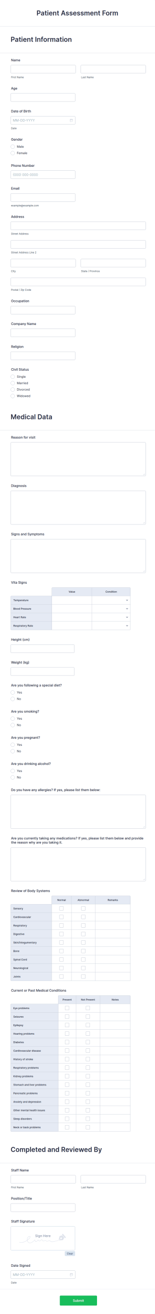 Patient Assessment Form Template