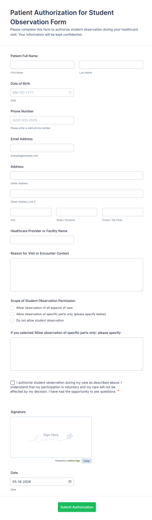 Patient Authorization For Student Observation Form Template