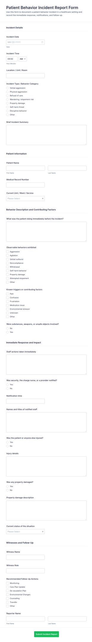 Patient Behavior Incident Report Form Template