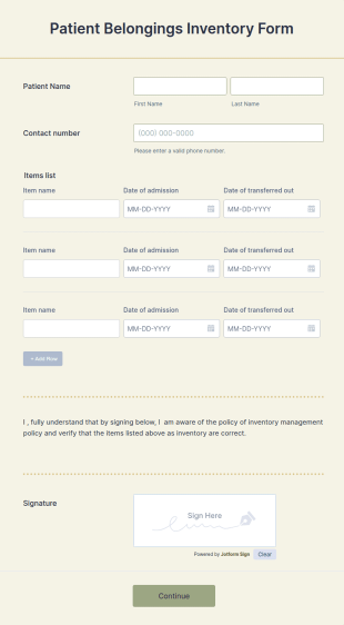 Patient Belongings Inventory Form Template