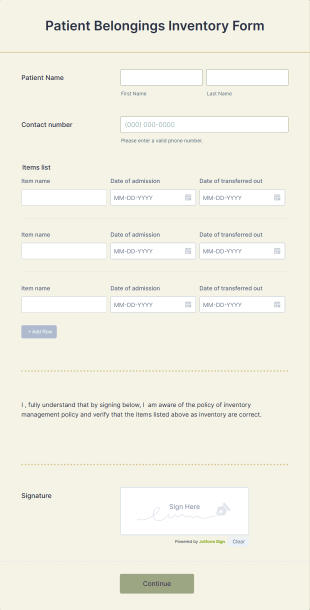 Patient Belongings Inventory Form Template