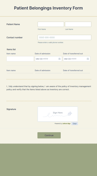 Patient Belongings Inventory Form Template