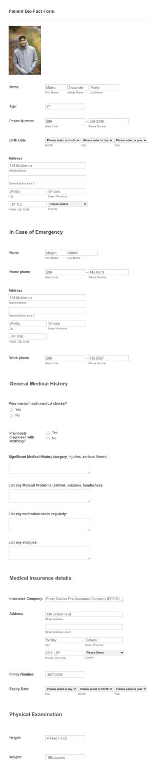 Patient Bio Fact Form Template