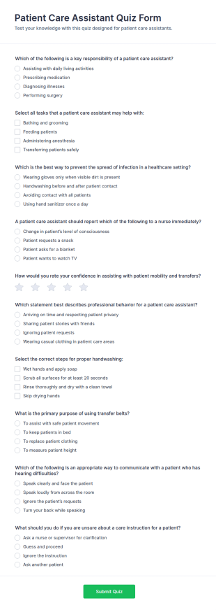 Patient Care Assistant Quiz Form Template