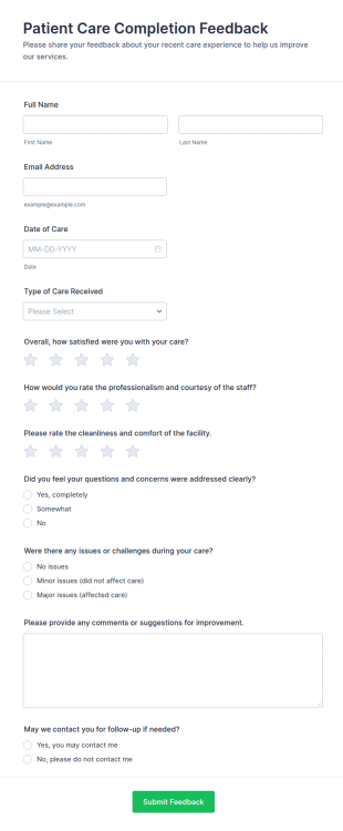 Patient Care Completion Feedback Form Template