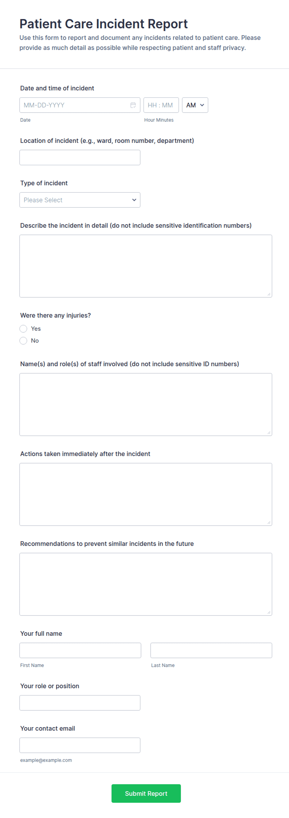Patient Care Incident Report Form Template | Jotform