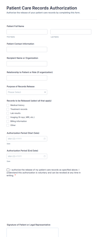 Patient Care Records Authorization Form Template