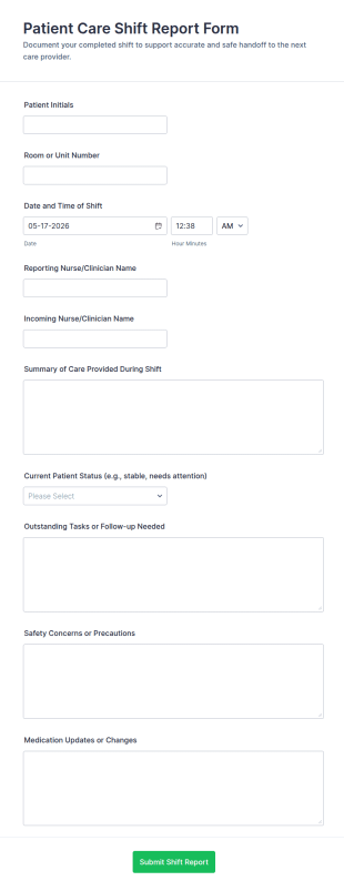 Patient Care Shift Report Form Template