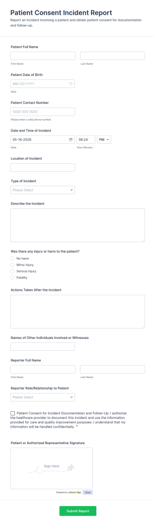 Patient Consent Incident Report Form Template