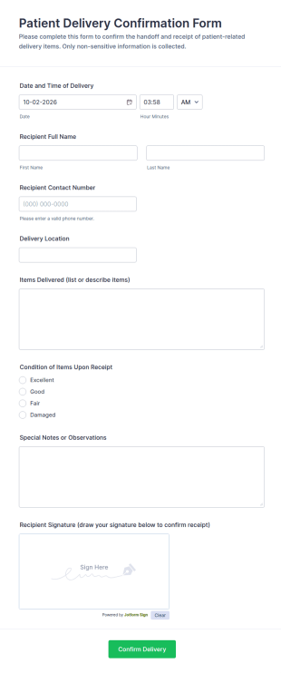 Patient Delivery Confirmation Form Template