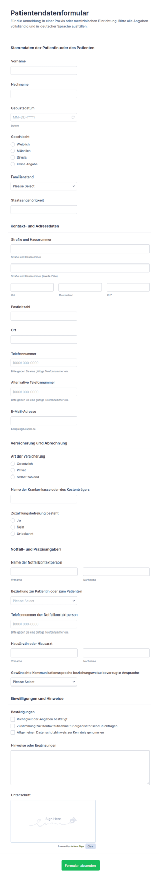 Patient Demografische Daten Erhebungsformular