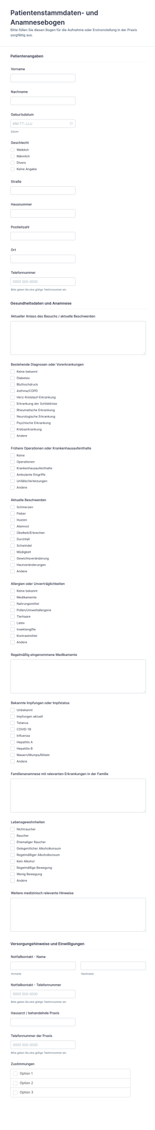 Patient Demografische Und Krankengeschichte Umfrage