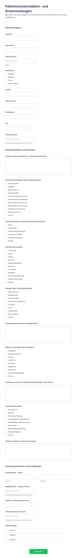 Patient Demografische Und Krankengeschichte Umfrage
