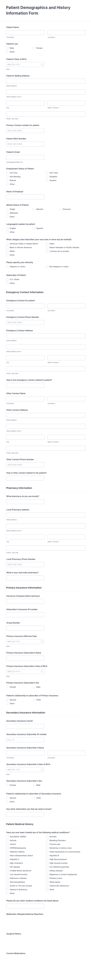Patient Demographics And History Information Form Template