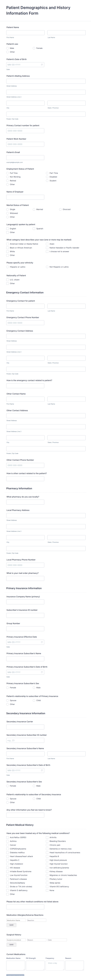 Patient Demographics And History Information Form Template