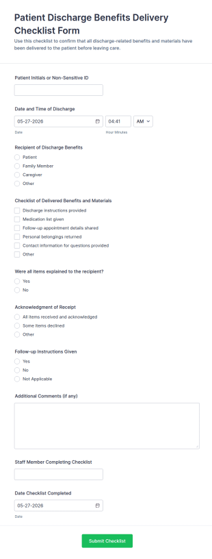 Patient Discharge Benefits Delivery Checklist Form Template