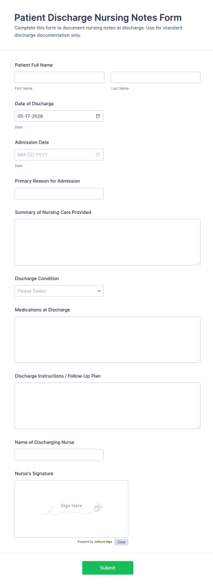 Patient Discharge Nursing Notes Form Template
