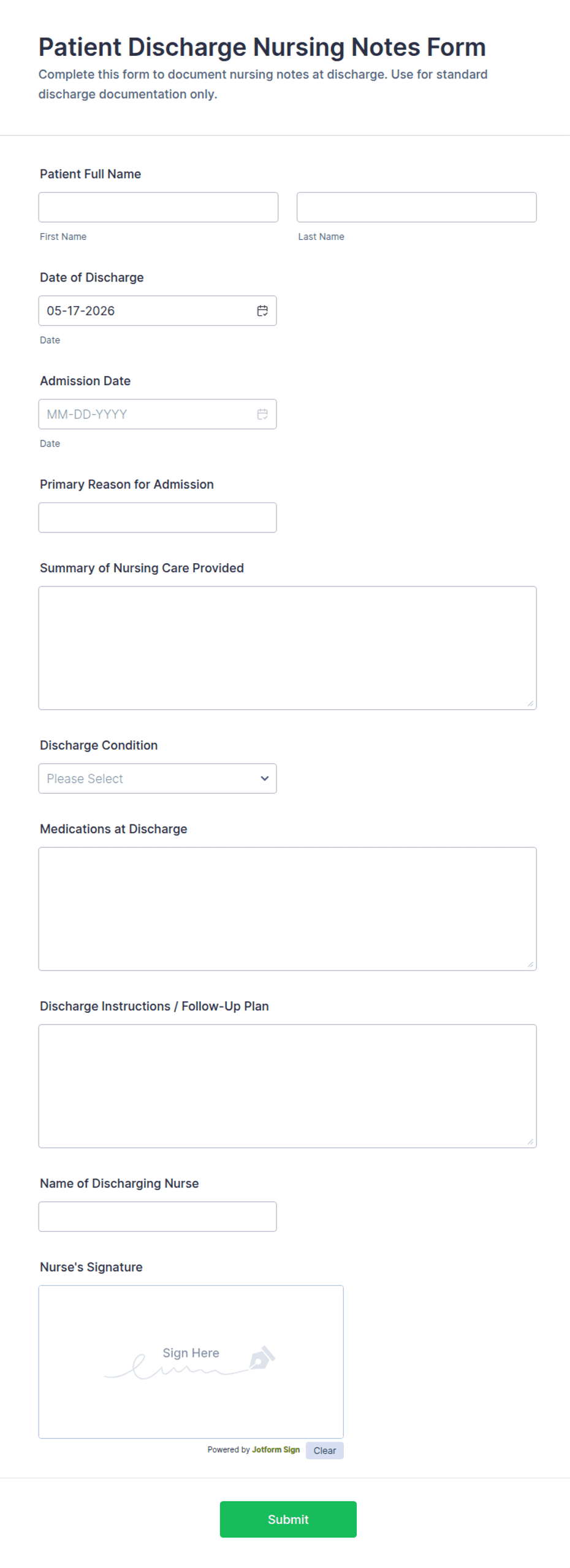 Apso Note Form Patient Discharge Nursing Notes Form Template | Jotform
