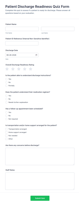 Patient Discharge Readiness Quiz Form Template