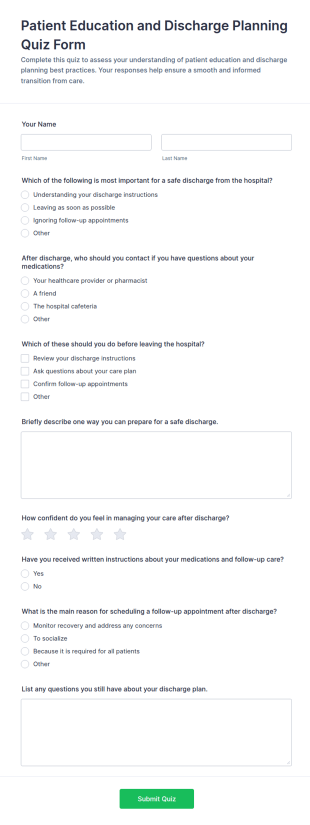 Patient Education And Discharge Planning Quiz Form Template