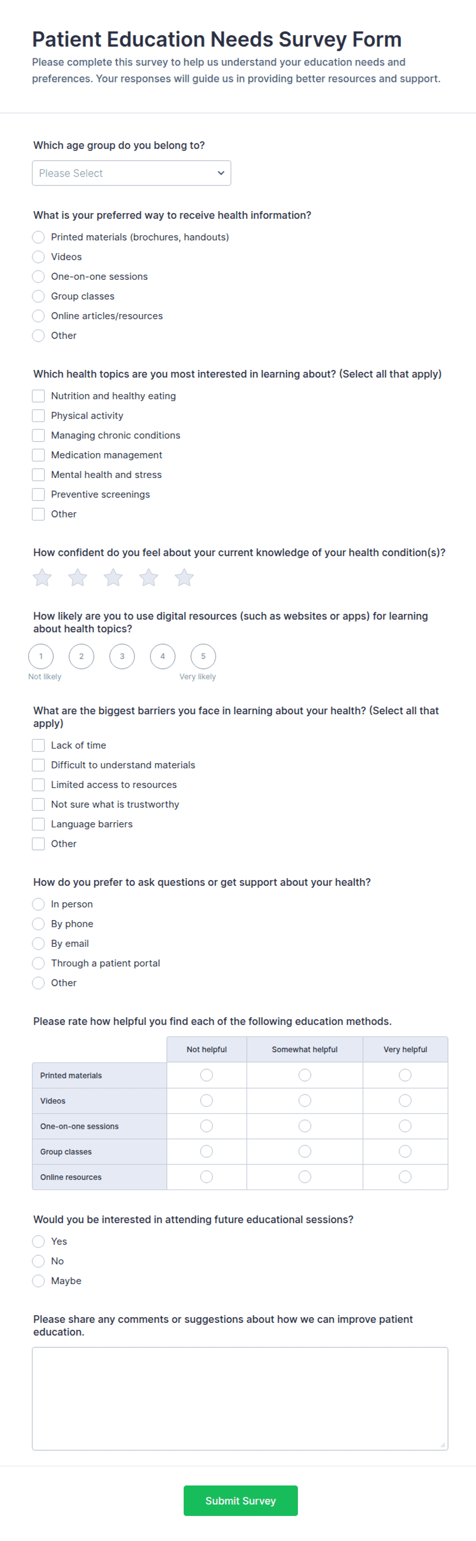 Patient Education Needs Survey Form Template | Jotform