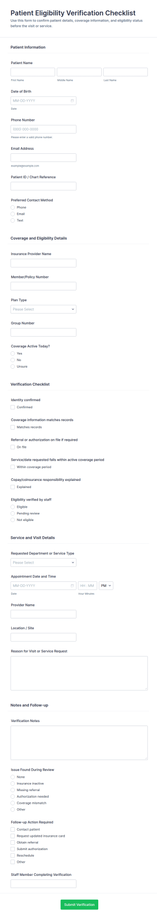 Patient Eligibility Verification Checklist Form Template